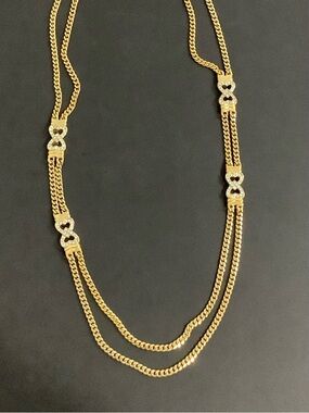 Vtg. Park Lane Double Chain Gold tone Finish Necklace Double Hearts w/Crystals